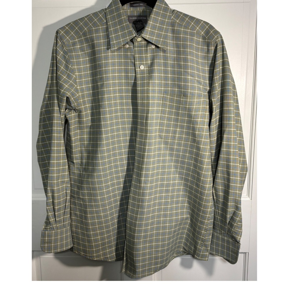 Saddlebred‎ Mens Button Down Shirt Medium Olive Green Blue Plaid Wrinkle Free LS